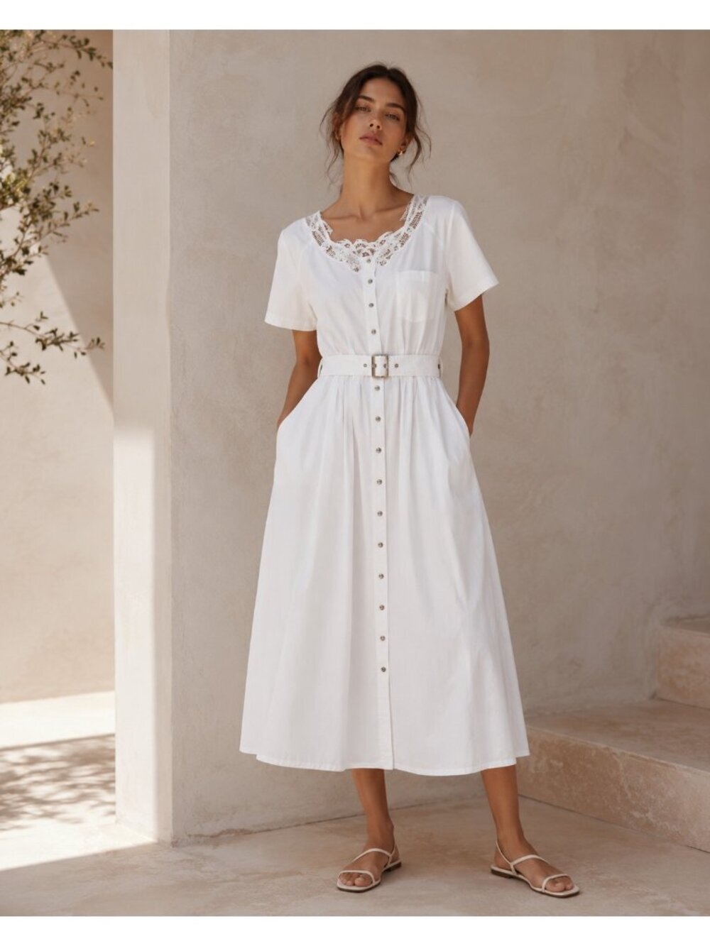 Together Women’s White Cotton Lace Button Front Belted Maxi Dress Size 16 Tall